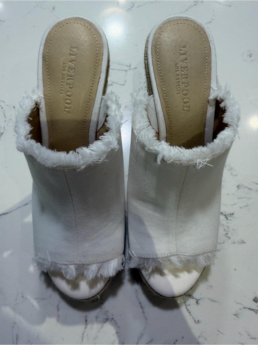 Liverpool White Frayed Espadrille Wedge Mules